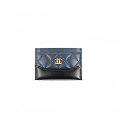 CHANEL GABRIELLE FLAT CARD HOLDER NAVY BLACK CALFSKIN GOLD HARDWARE (11*8cm) 